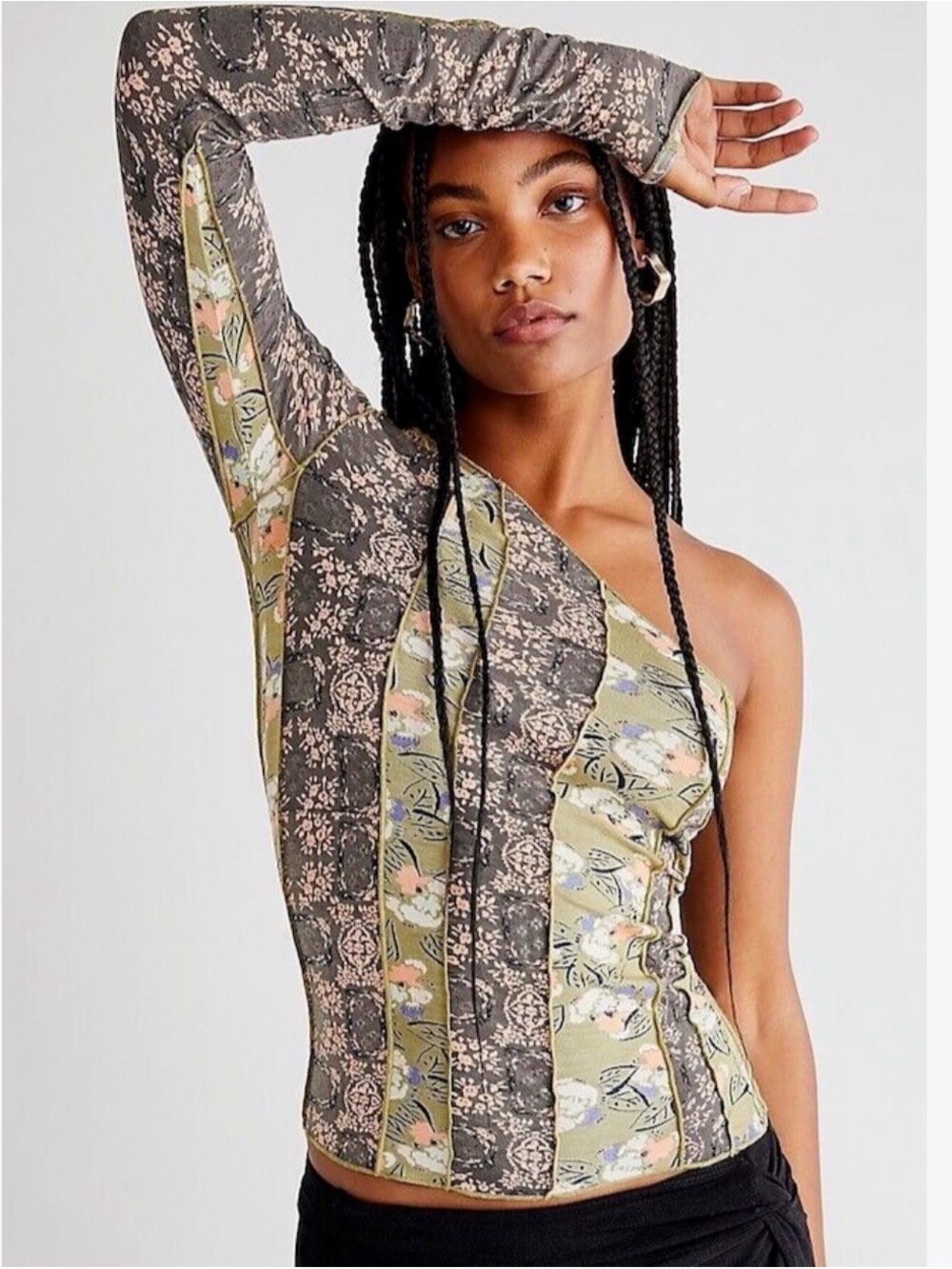 Free People Flower Fields One Shoulder Pieced Top Olive Small